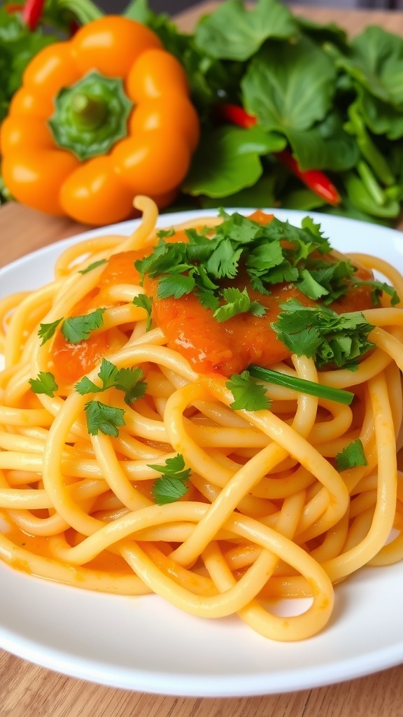 Plate of potato noodles with sauce and fresh herbs, surrounded by colorful vegetables.
